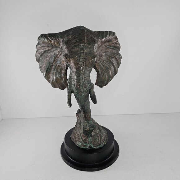 Cast Metal Elephant Head Sculpture On Black Base Bronze Look - Picture 2 of 8